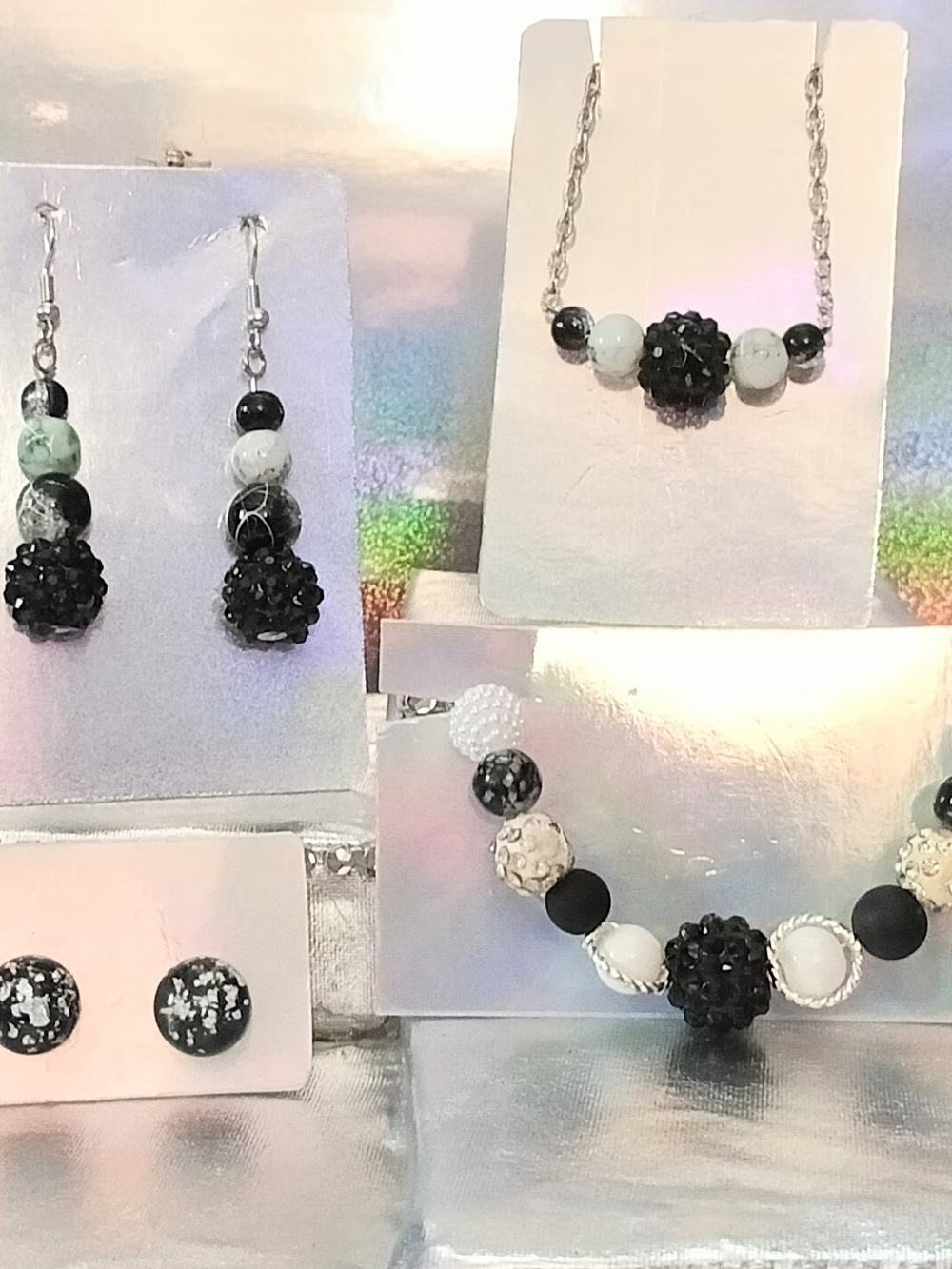 Handmade Black and White Beaded Necklace and Earring Set